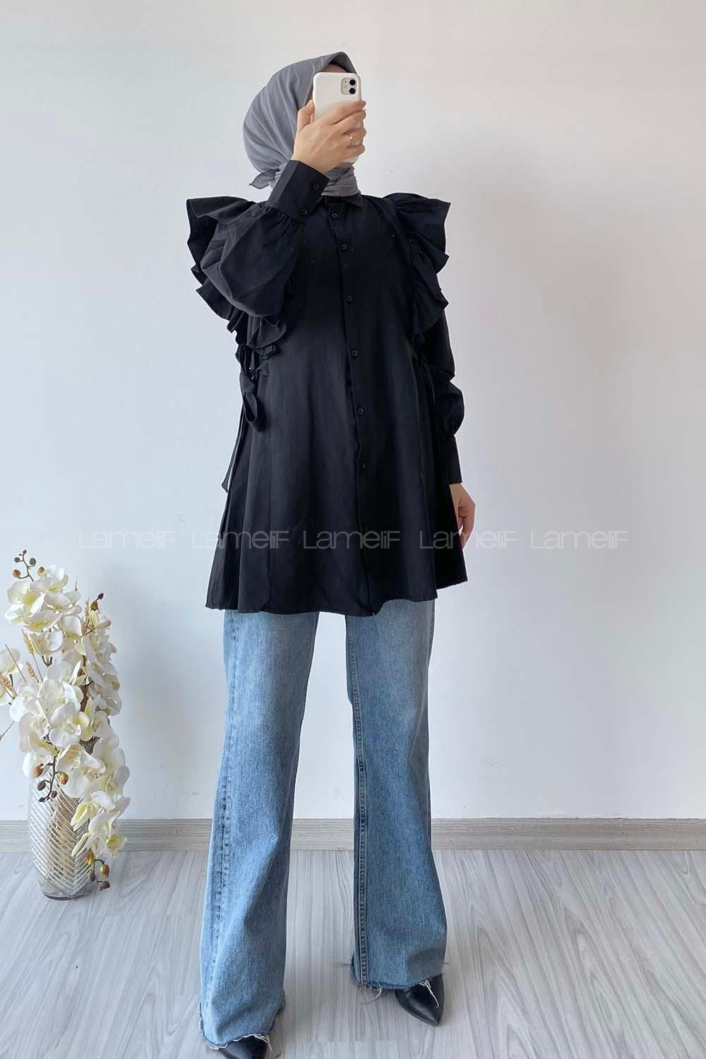Modalamelif Kuşak Bağlama Detaylı Fırfırlı Tunik Siyah