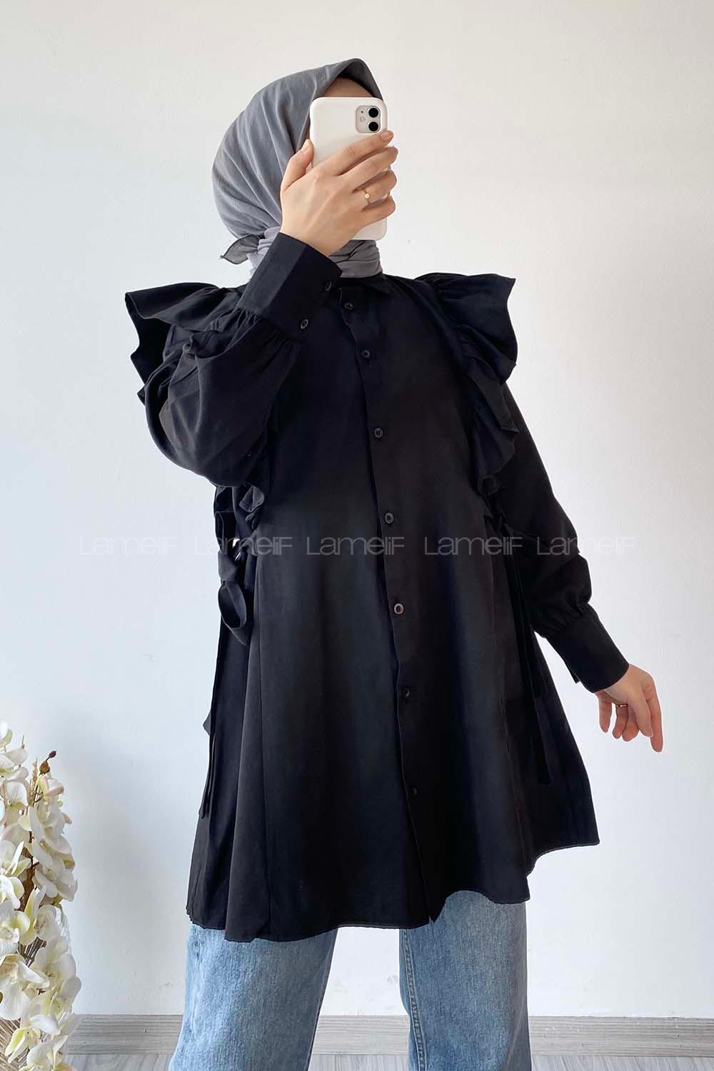 Modalamelif Kuşak Bağlama Detaylı Fırfırlı Tunik Siyah