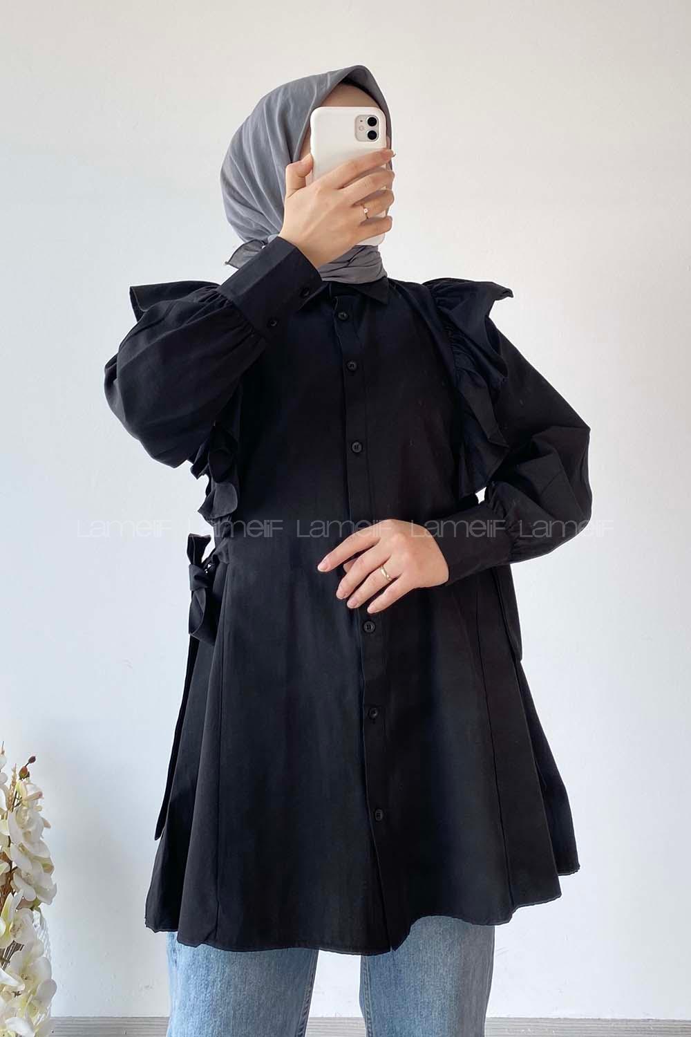 Modalamelif Kuşak Bağlama Detaylı Fırfırlı Tunik Siyah