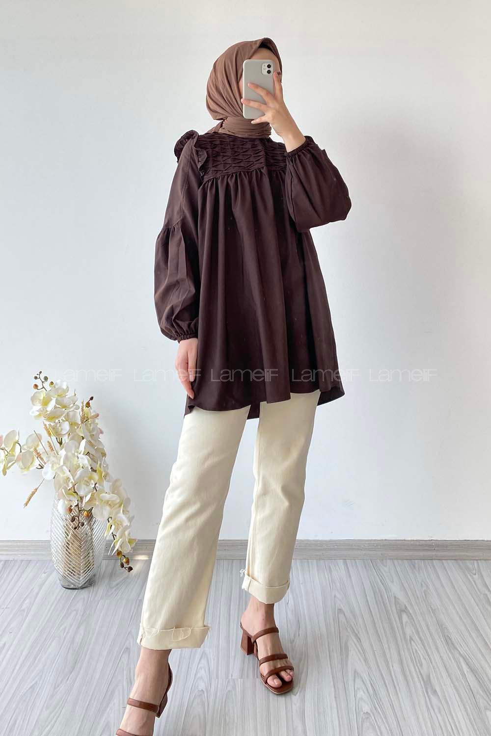 Modalamelif Omuz Fırfırlı Önü Büzgülü Tunik Acıkahve