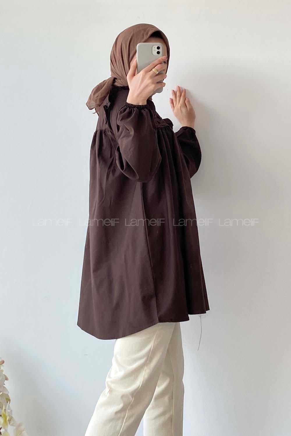 Modalamelif Omuz Fırfırlı Önü Büzgülü Tunik Acıkahve