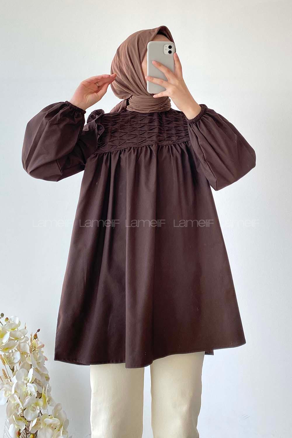 Modalamelif Omuz Fırfırlı Önü Büzgülü Tunik Acıkahve
