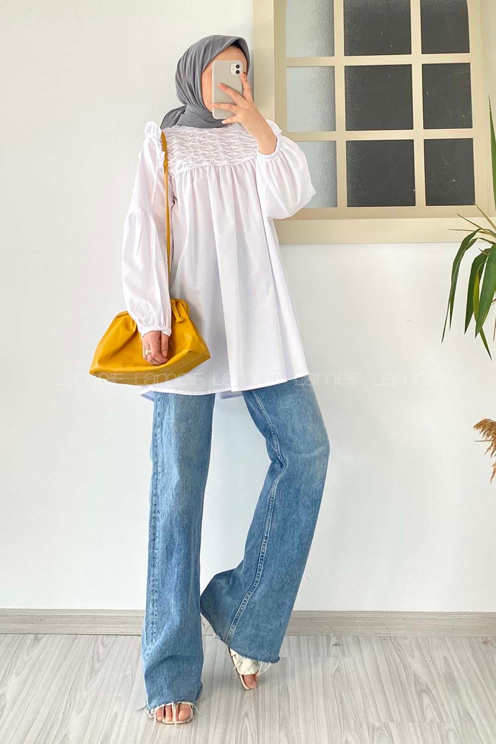Modalamelif Omuz Fırfırlı Önü Büzgülü Tunik Beyaz