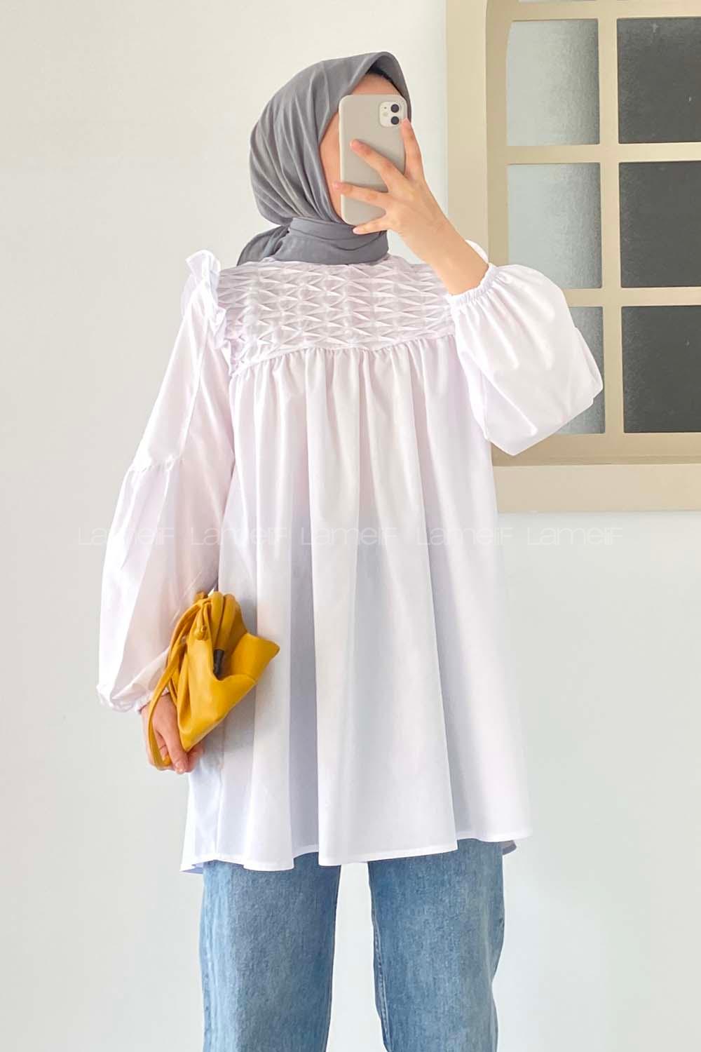 Modalamelif Omuz Fırfırlı Önü Büzgülü Tunik Beyaz