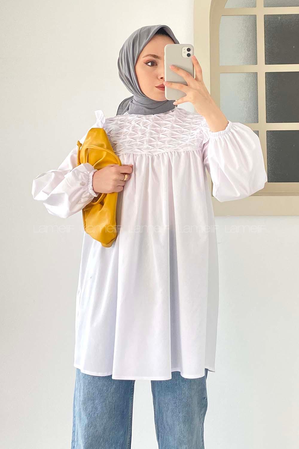 Modalamelif Omuz Fırfırlı Önü Büzgülü Tunik Beyaz