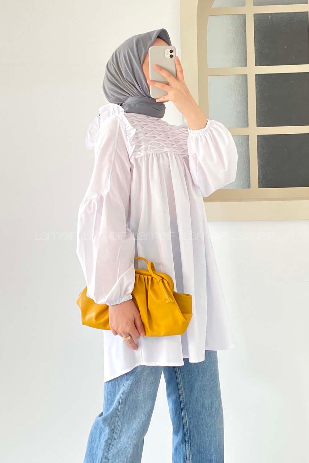 Modalamelif Omuz Fırfırlı Önü Büzgülü Tunik Beyaz