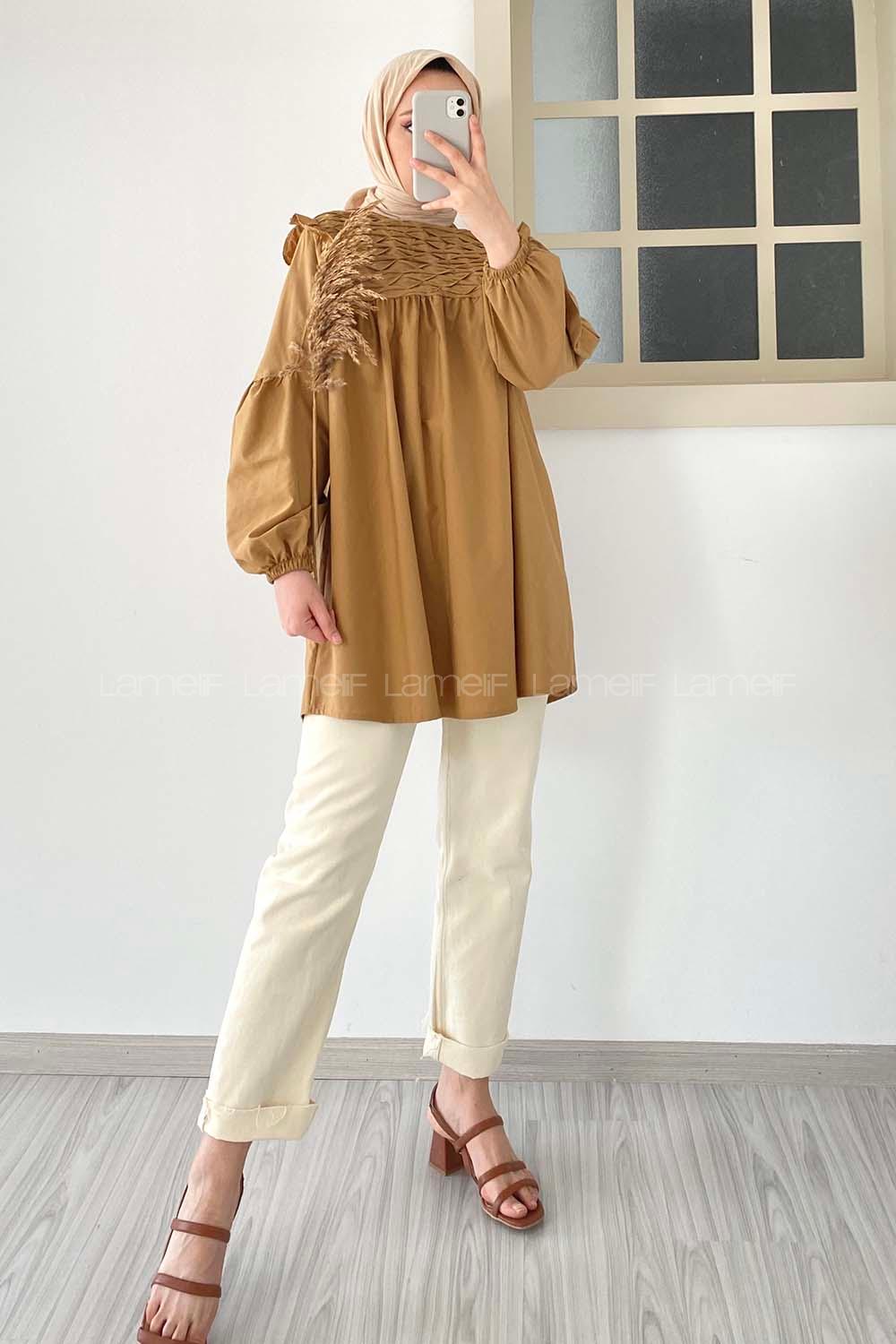 Modalamelif Omuz Fırfırlı Önü Büzgülü Tunik Camel