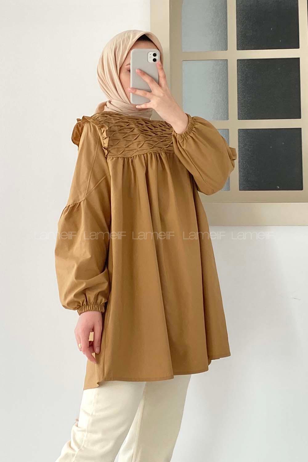 Modalamelif Omuz Fırfırlı Önü Büzgülü Tunik Camel