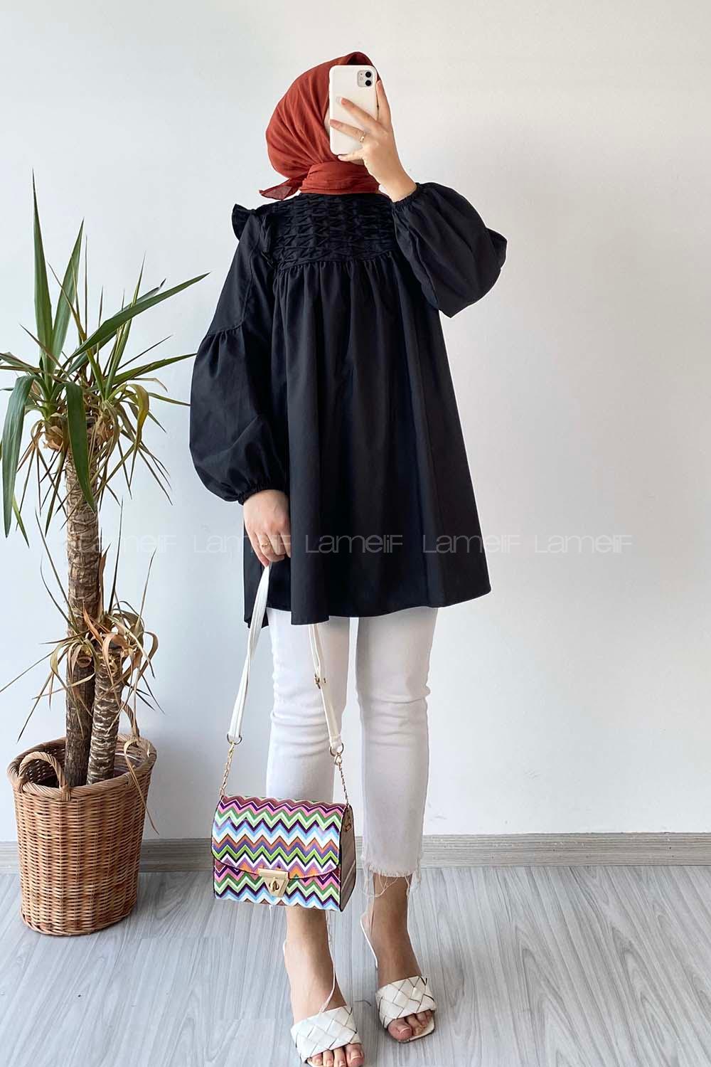 Modalamelif Omuz Fırfırlı Önü Büzgülü Tunik Siyah