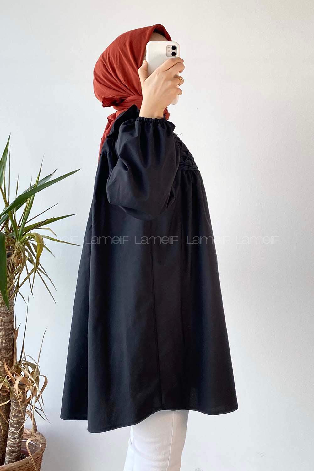 Modalamelif Omuz Fırfırlı Önü Büzgülü Tunik Siyah