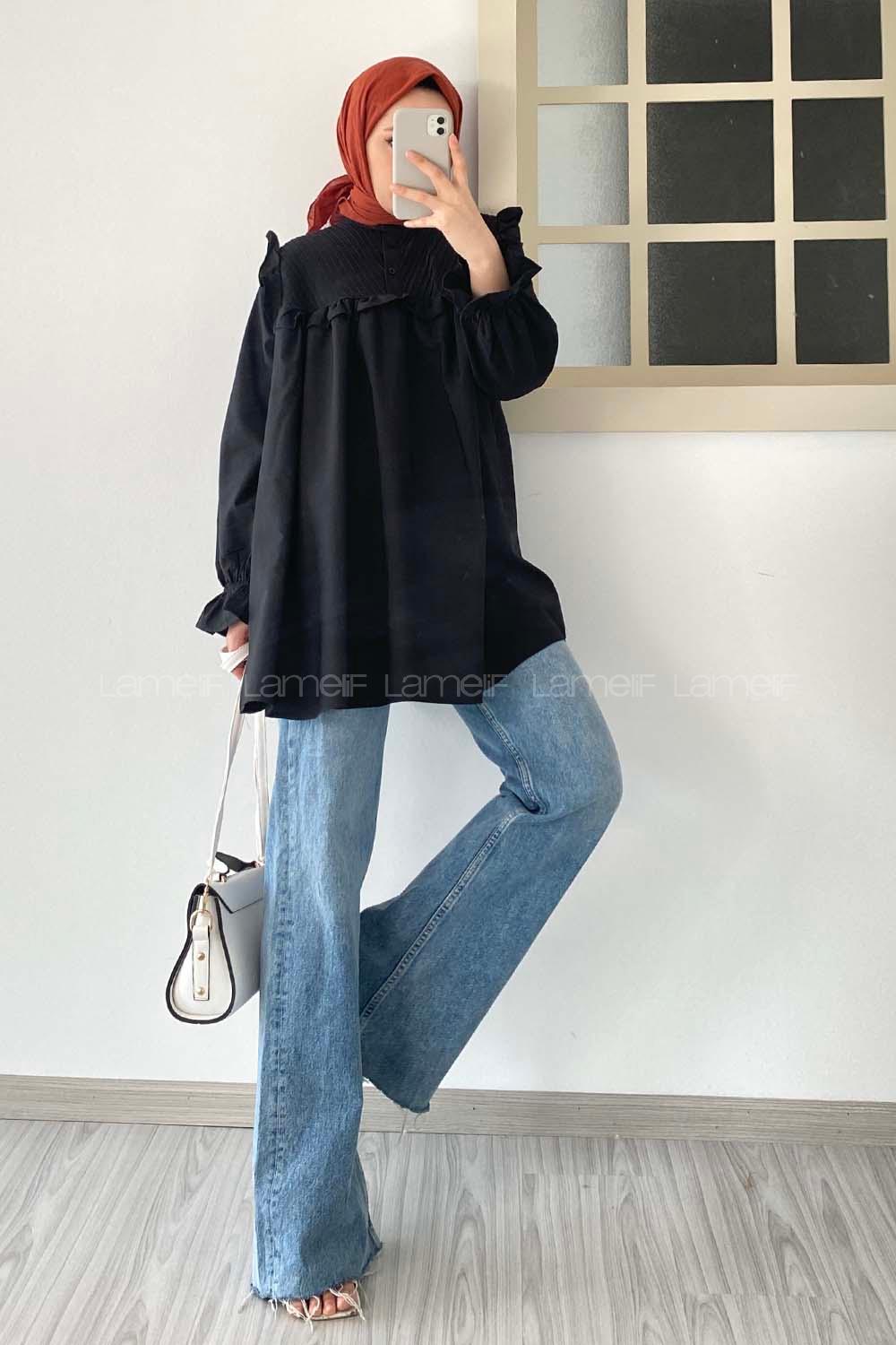 Modalamelif Omuz Fırfırlı Pileli Tunik Siyah