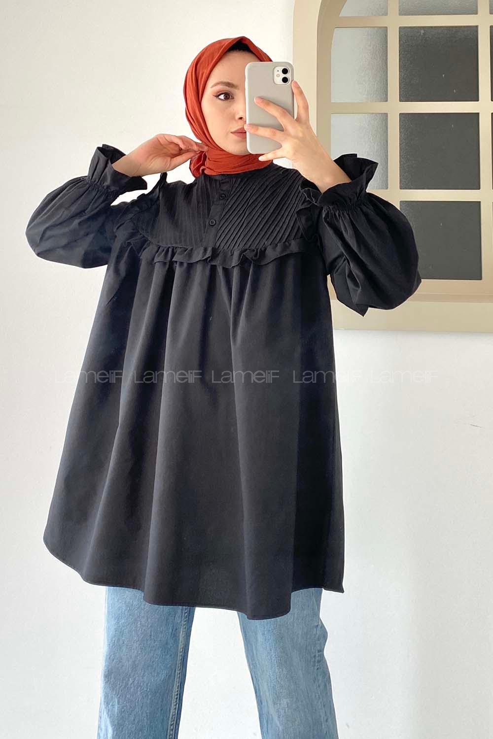 Modalamelif Omuz Fırfırlı Pileli Tunik Siyah