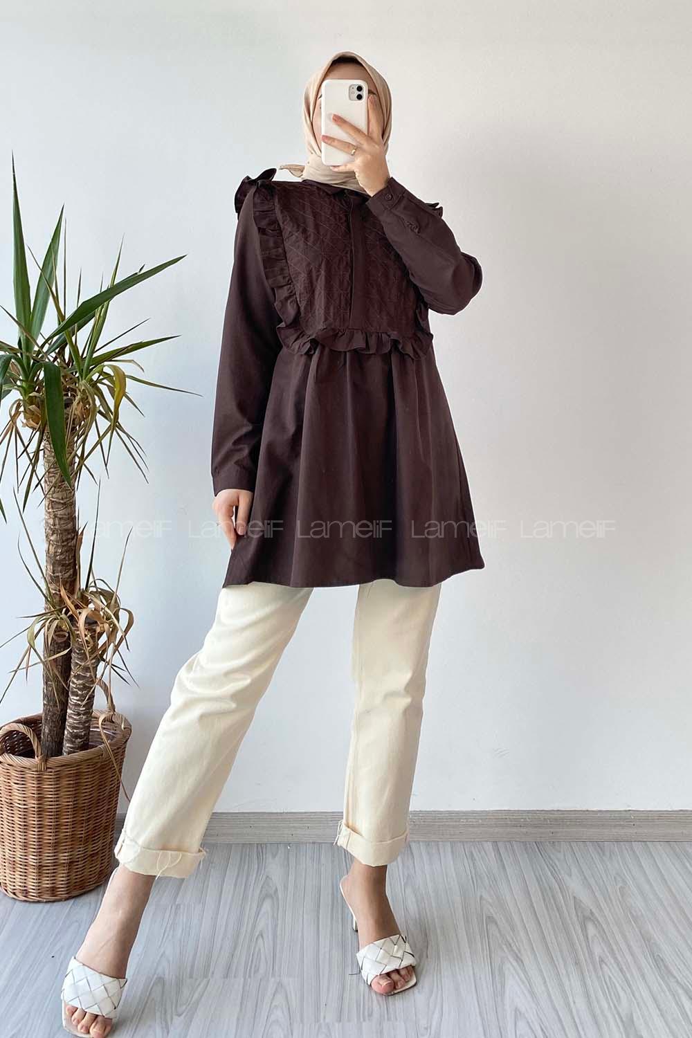 üğmeli Dikiş Detaylı Tunik Acıkahve