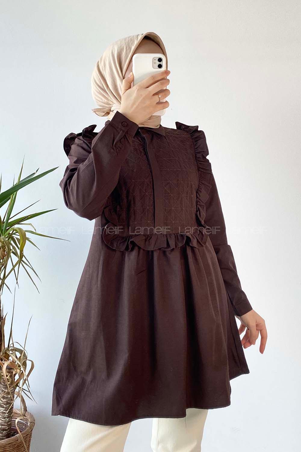 üğmeli Dikiş Detaylı Tunik Acıkahve