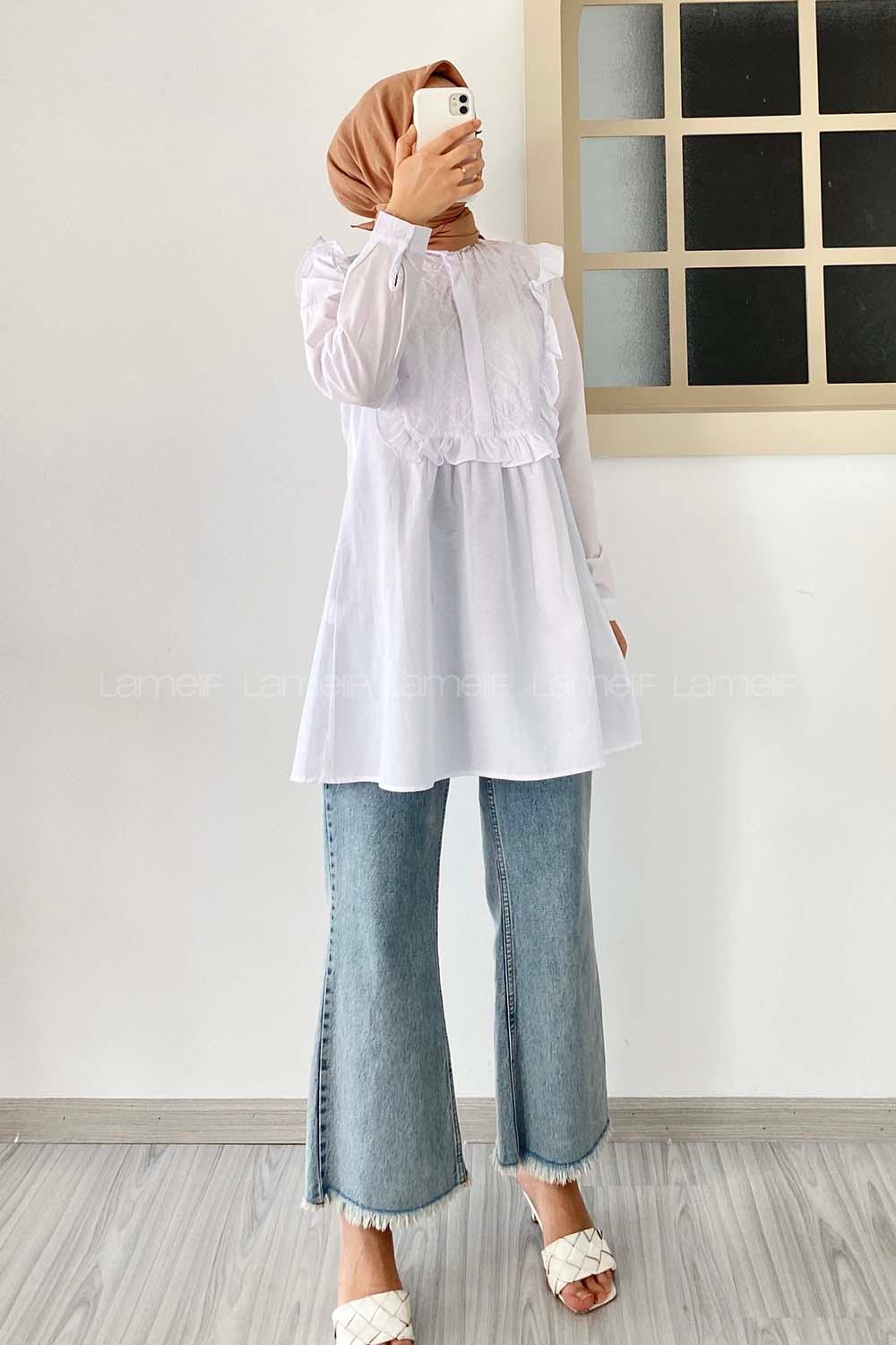 Modalamelif Önü Gizli Düğmeli Dikiş Detaylı Tunik Beyaz