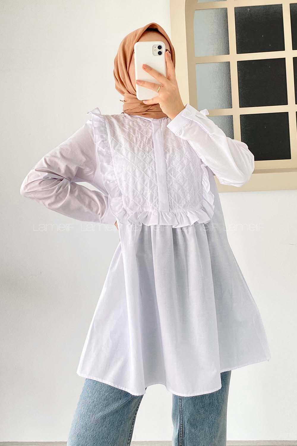 Modalamelif Önü Gizli Düğmeli Dikiş Detaylı Tunik Beyaz