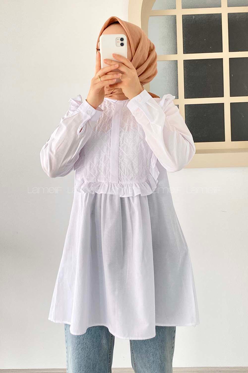 Modalamelif Önü Gizli Düğmeli Dikiş Detaylı Tunik Beyaz