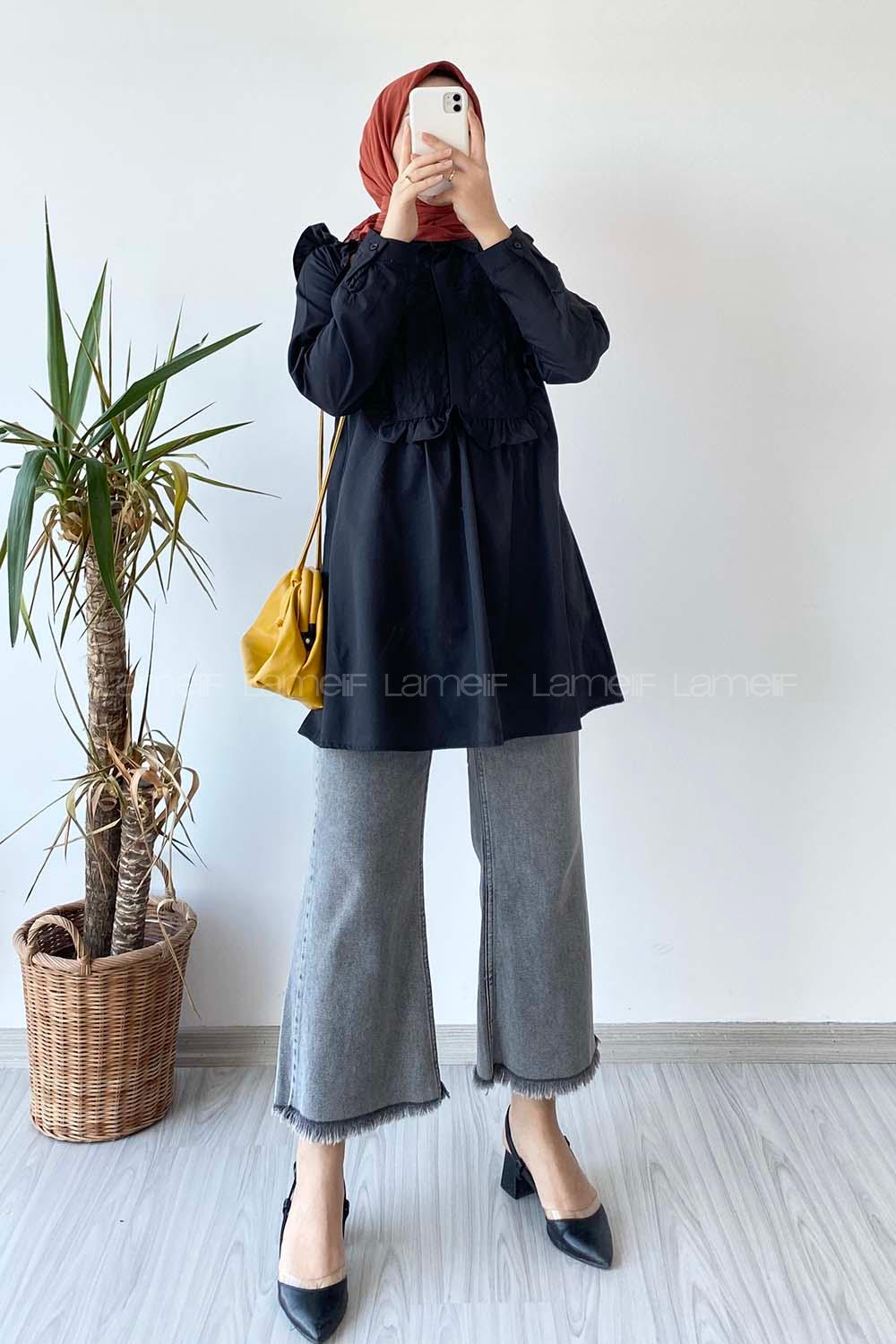 Modalamelif Önü Gizli Düğmeli Dikiş Detaylı Tunik Siyah