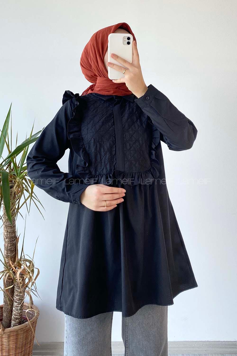 Modalamelif Önü Gizli Düğmeli Dikiş Detaylı Tunik Siyah