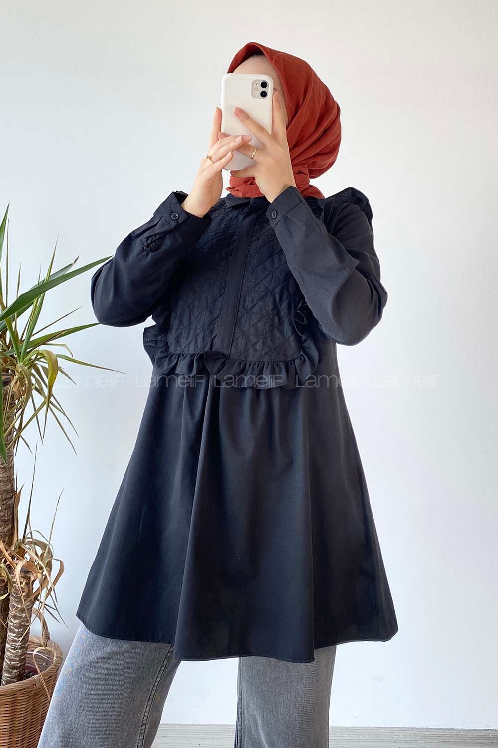 Modalamelif Önü Gizli Düğmeli Dikiş Detaylı Tunik Siyah