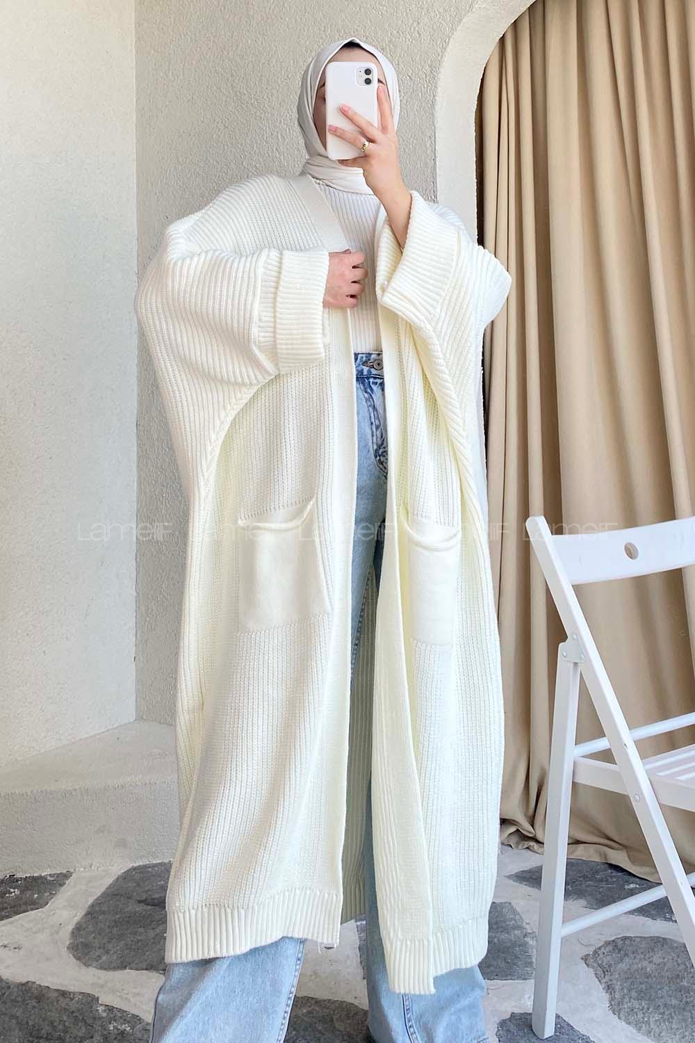 Modalamelif Selanik Çift Cepli Salaş Hırka Ekru