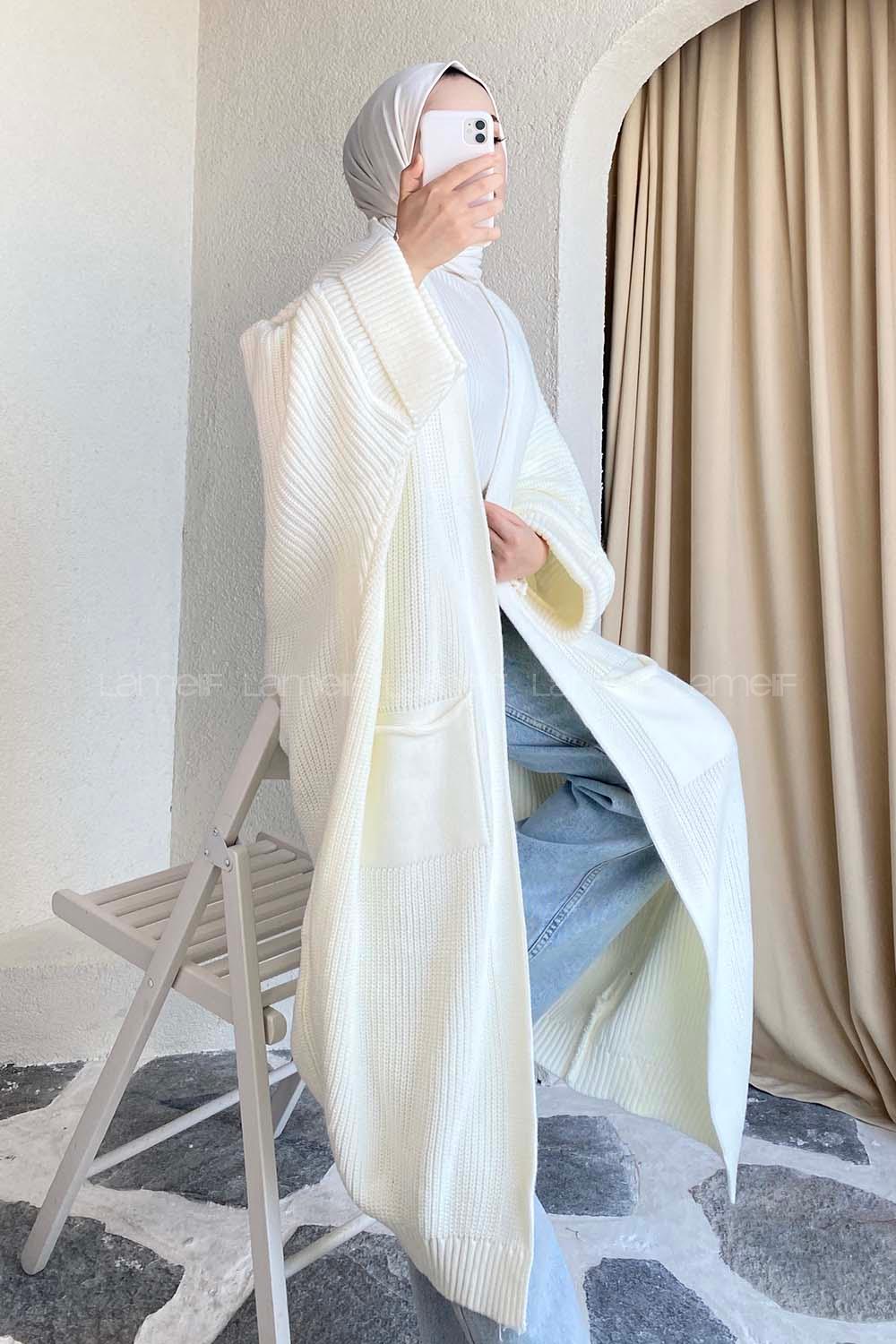 Modalamelif Selanik Çift Cepli Salaş Hırka Ekru