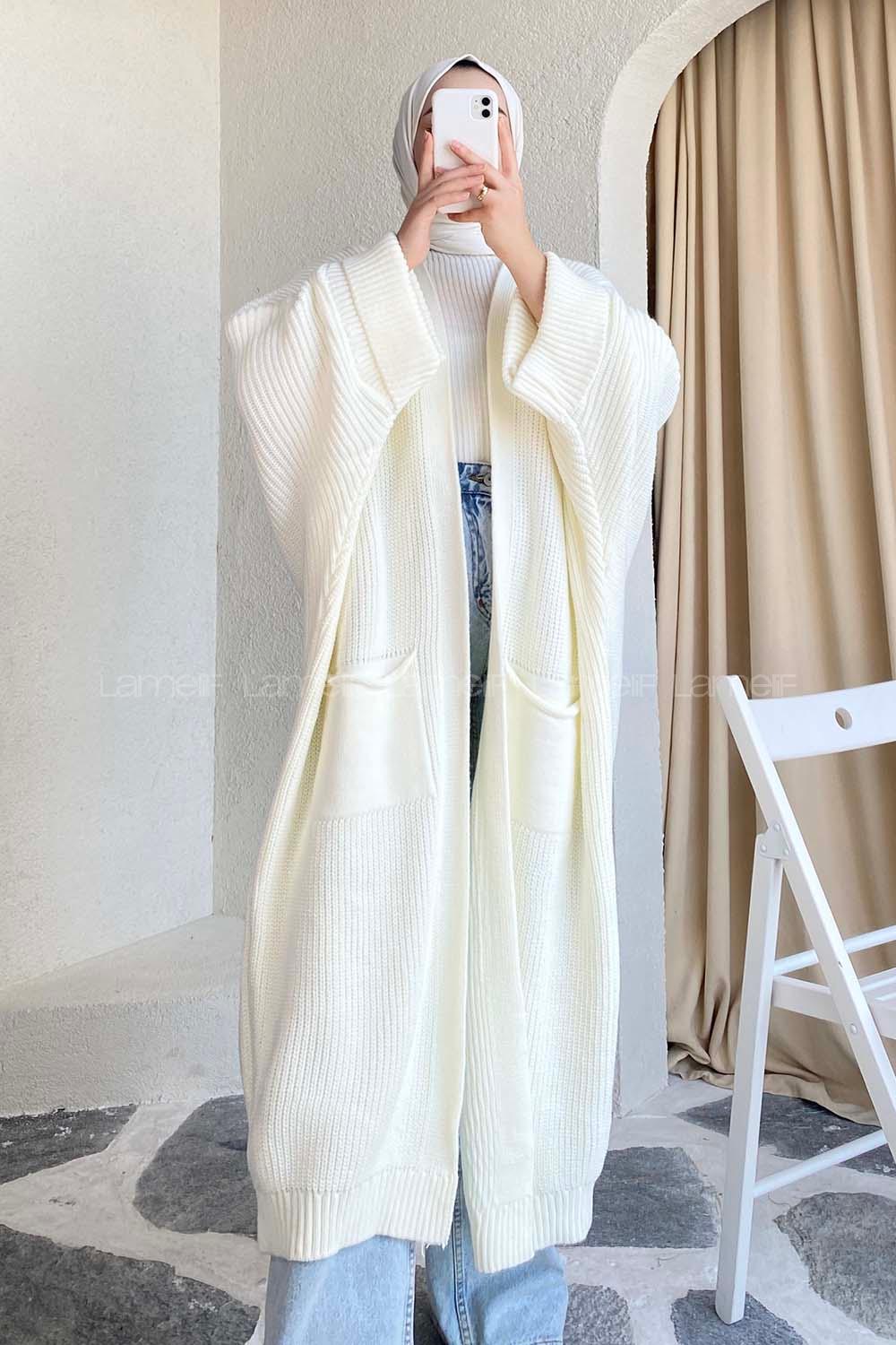 Modalamelif Selanik Çift Cepli Salaş Hırka Ekru