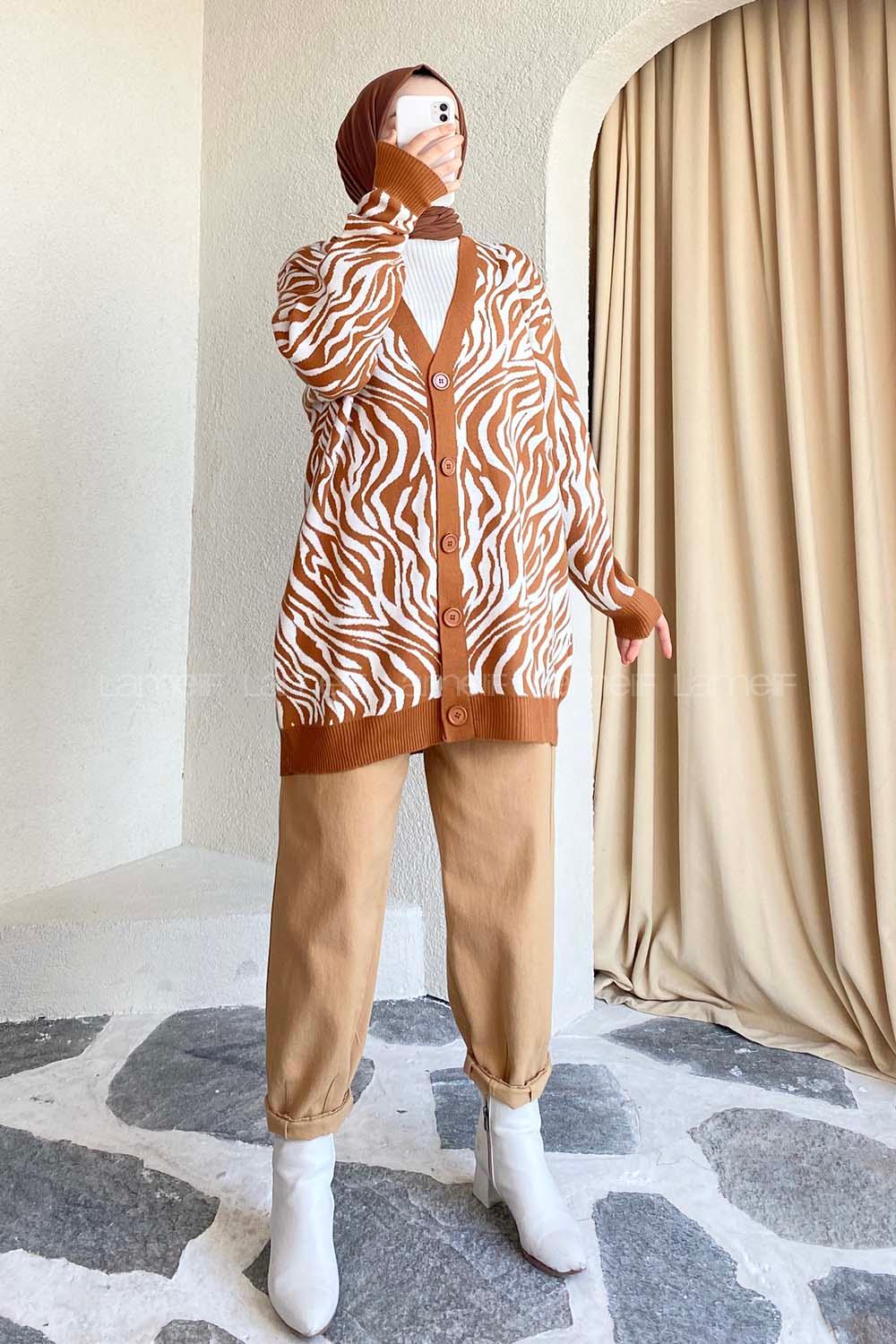 Modalamelif  Zebra Desen Triko Hırka Camel