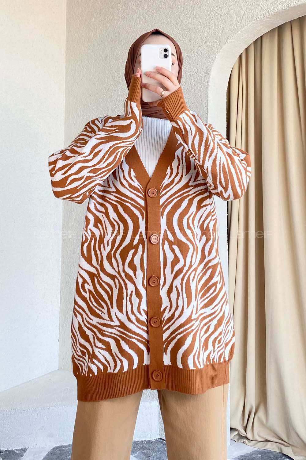 Modalamelif  Zebra Desen Triko Hırka Camel