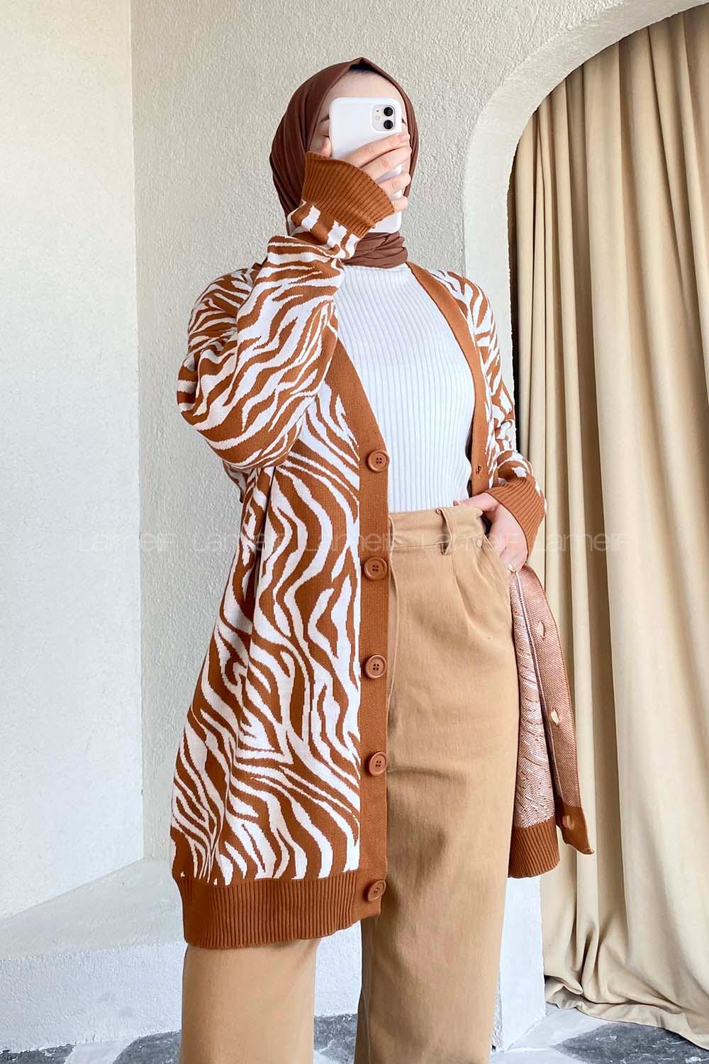 Modalamelif  Zebra Desen Triko Hırka Camel