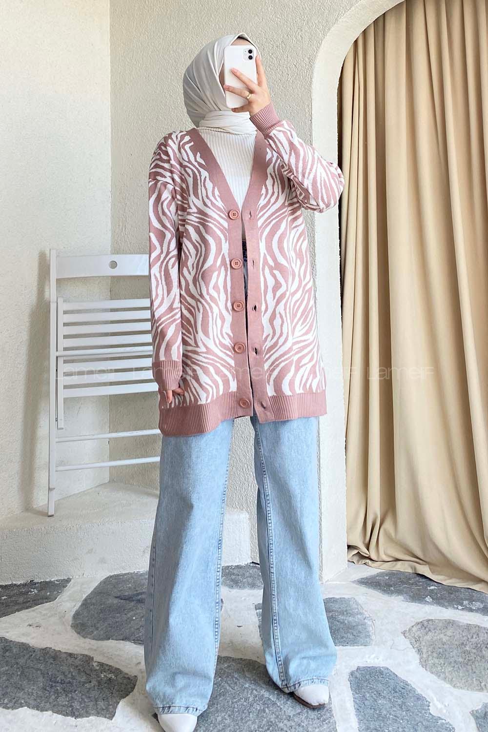 Modalamelif  Zebra Desen Triko Hırka Gül Rengi