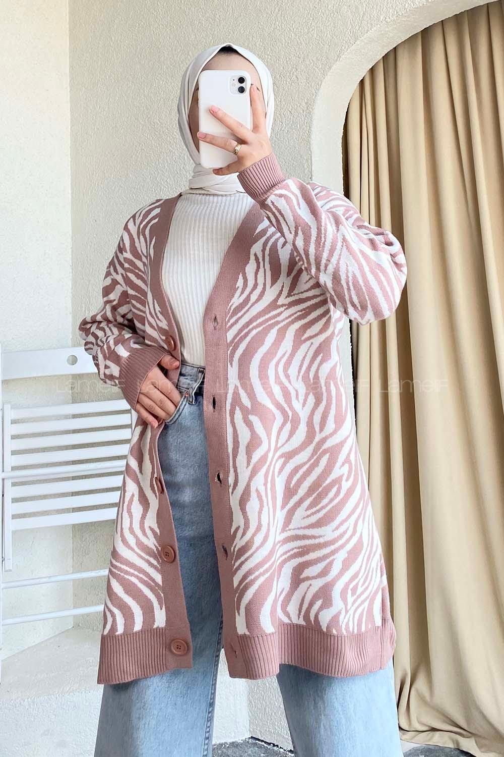 Modalamelif  Zebra Desen Triko Hırka Gül Rengi