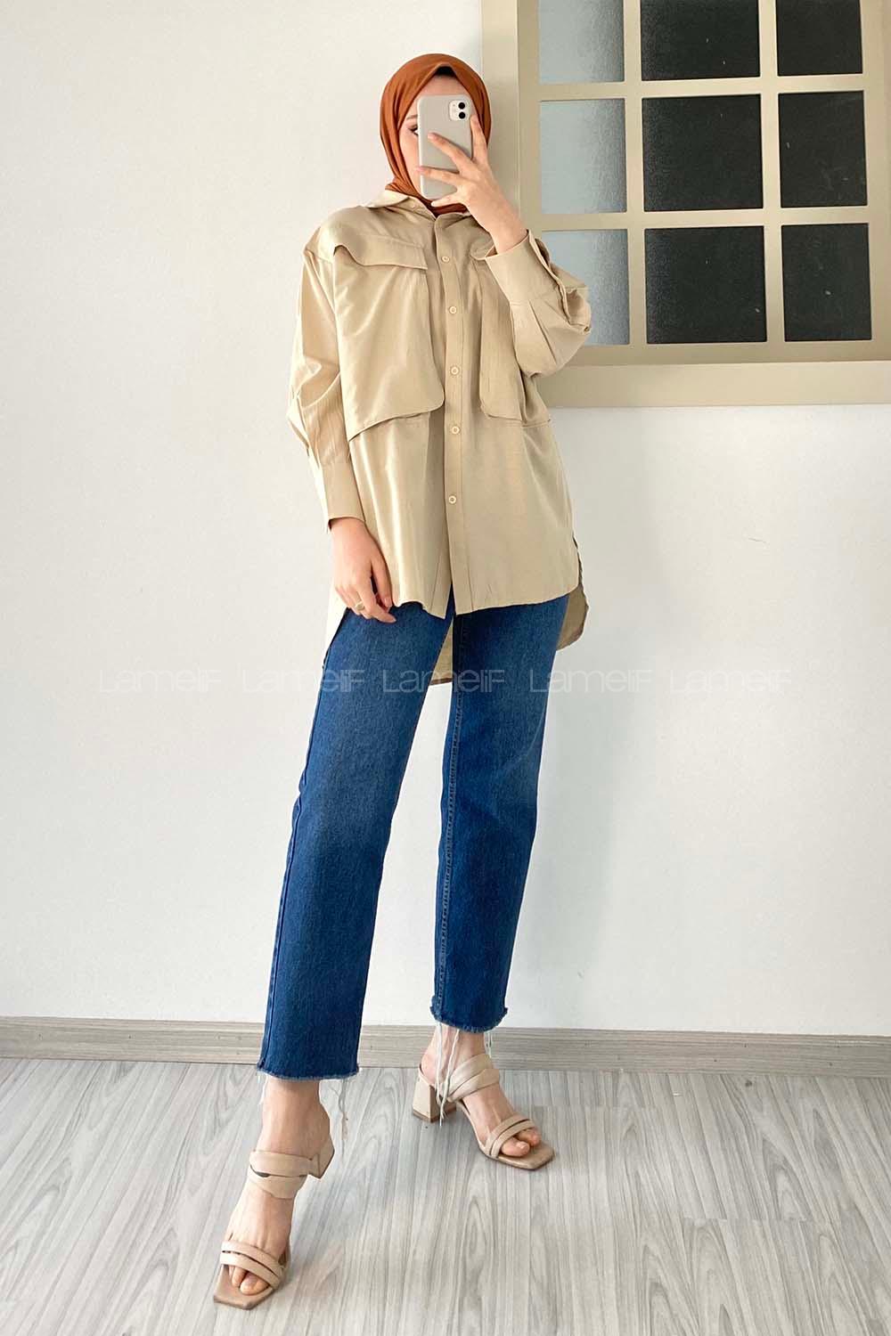 Modalamelif Asimetrik Bombe Cep Detaylı Gömlek Bej
