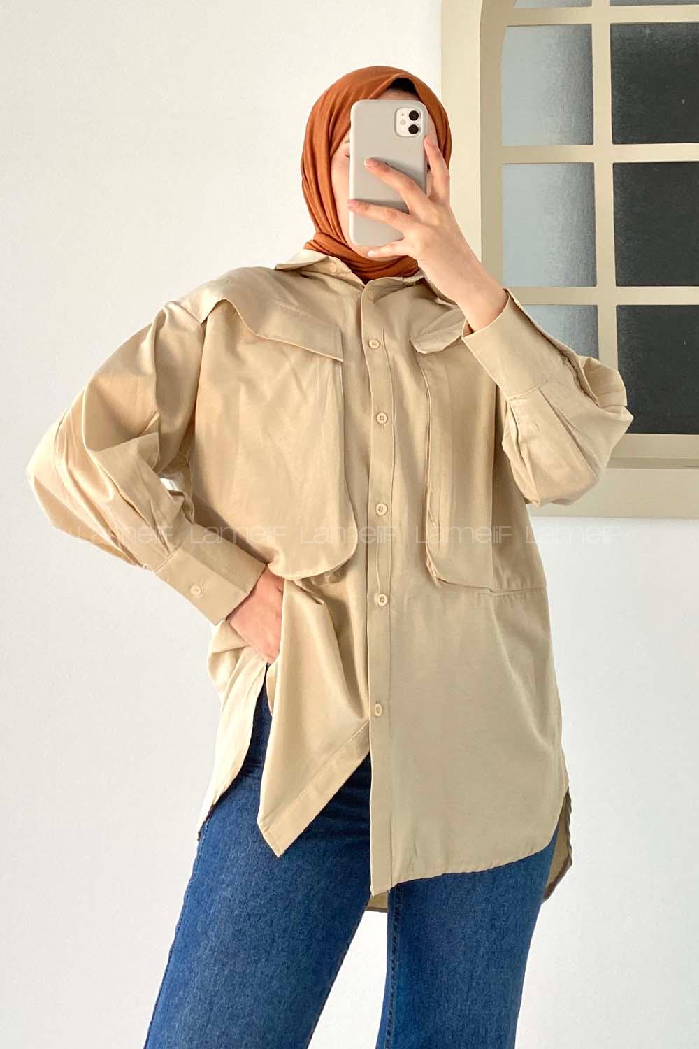 Modalamelif Asimetrik Bombe Cep Detaylı Gömlek Bej