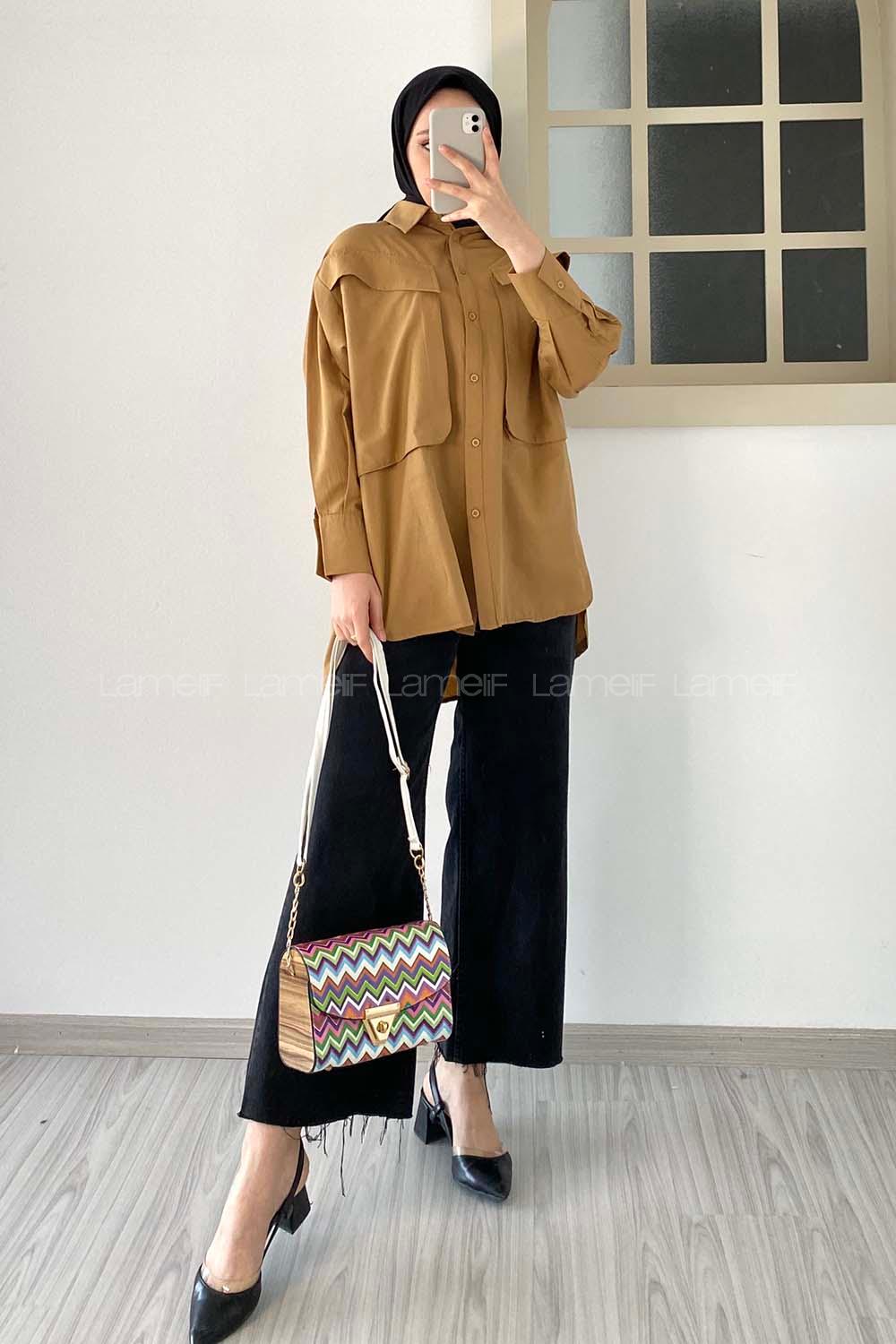 Modalamelif Asimetrik Bombe Cep Detaylı Gömlek Camel