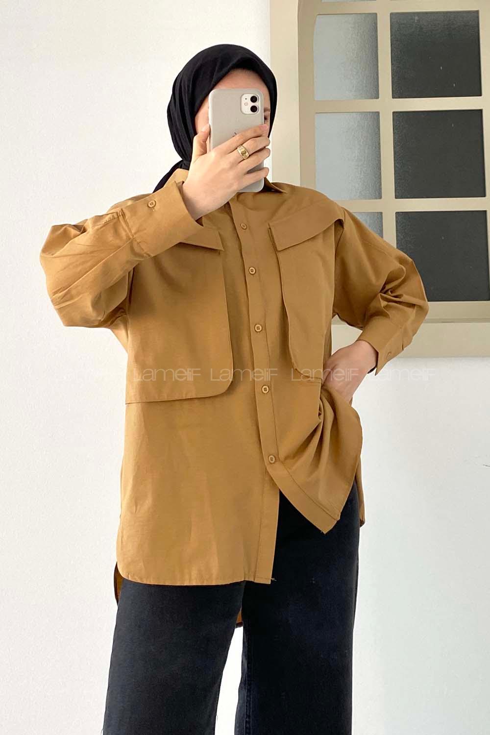 Modalamelif Asimetrik Bombe Cep Detaylı Gömlek Camel