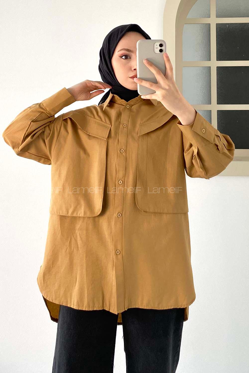 Modalamelif Asimetrik Bombe Cep Detaylı Gömlek Camel