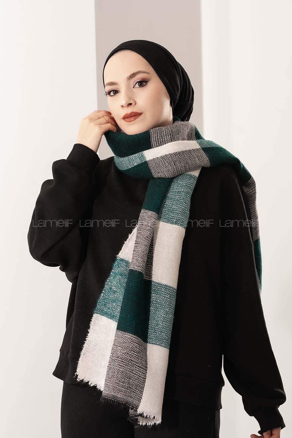 Modalamelif Ekose Kare omuz şal Petrol Yeşili