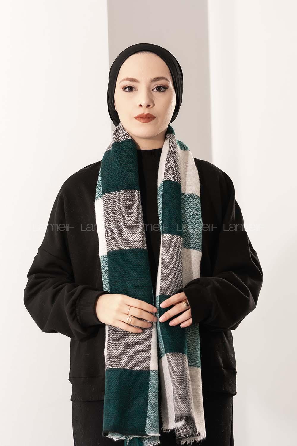 Modalamelif Ekose Kare omuz şal Petrol Yeşili