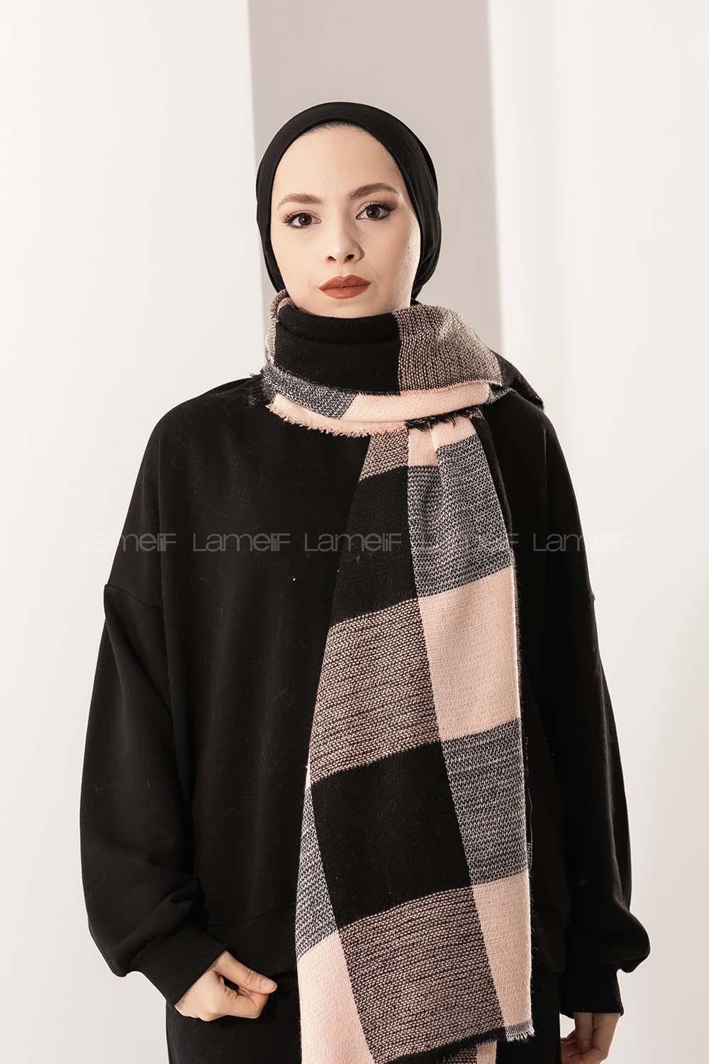 Modalamelif Ekose Kare omuz şal Siyah-Pudra