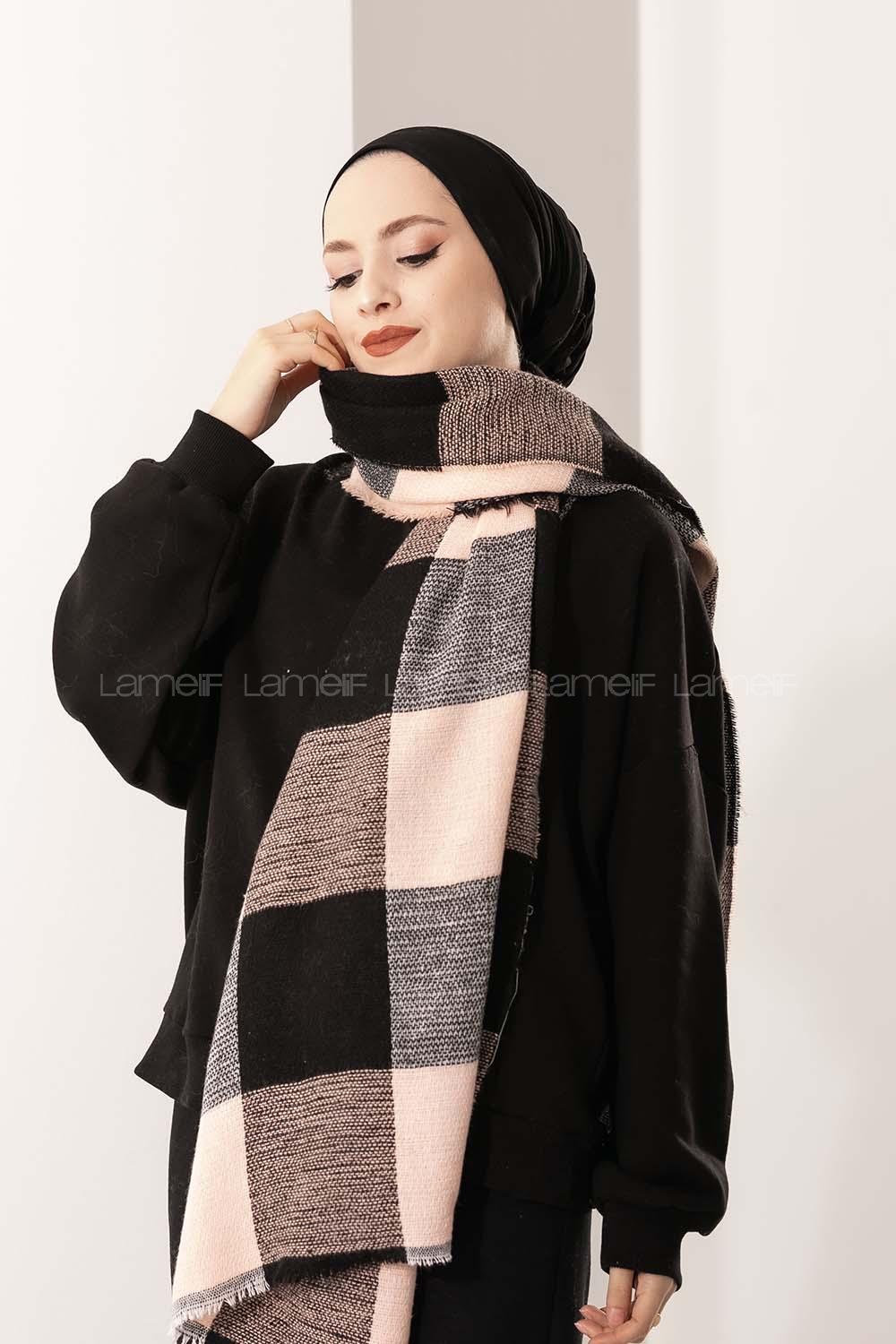 Modalamelif Ekose Kare omuz şal Siyah-Pudra