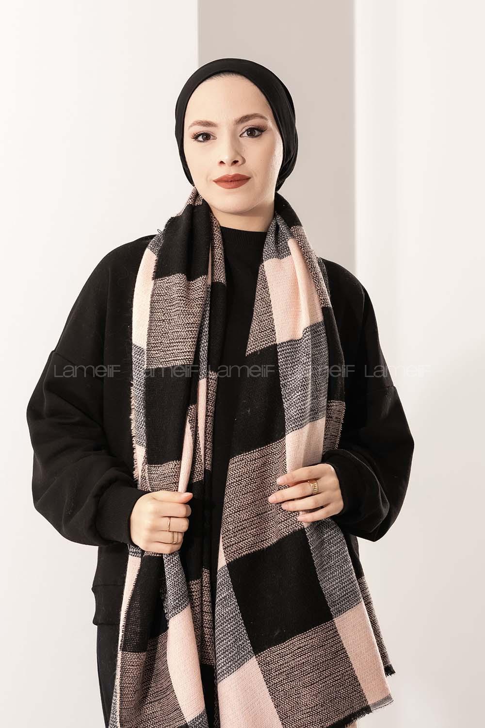 Modalamelif Ekose Kare omuz şal Siyah-Pudra
