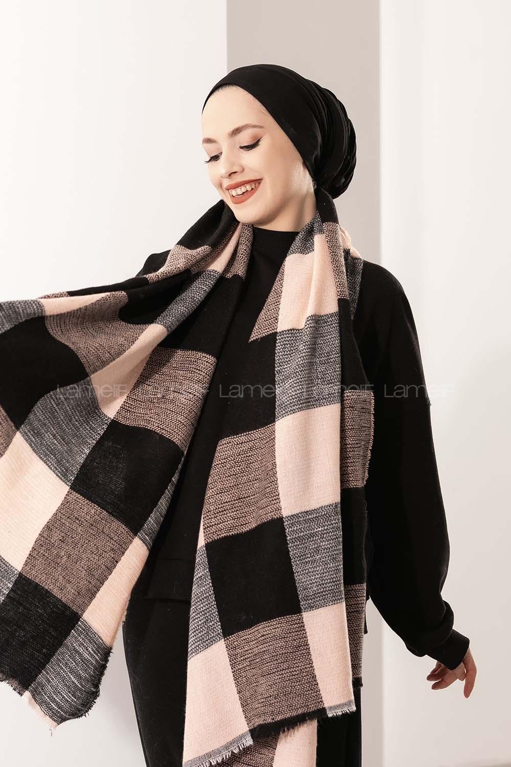Modalamelif Ekose Kare omuz şal Siyah-Pudra