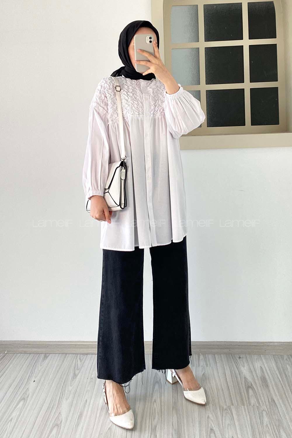 Modalamelif Hakim Yaka Fırfırlı Büzgülü Tunik Beyaz
