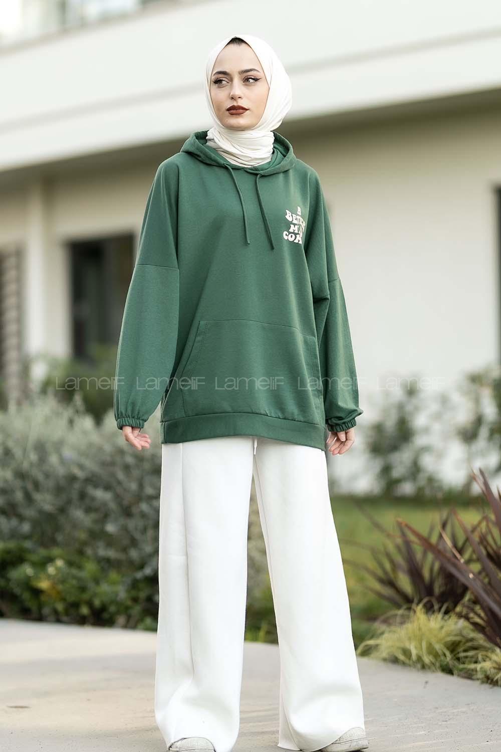 Modalamelif Kapüşonlu Baskılı Sweat Haki