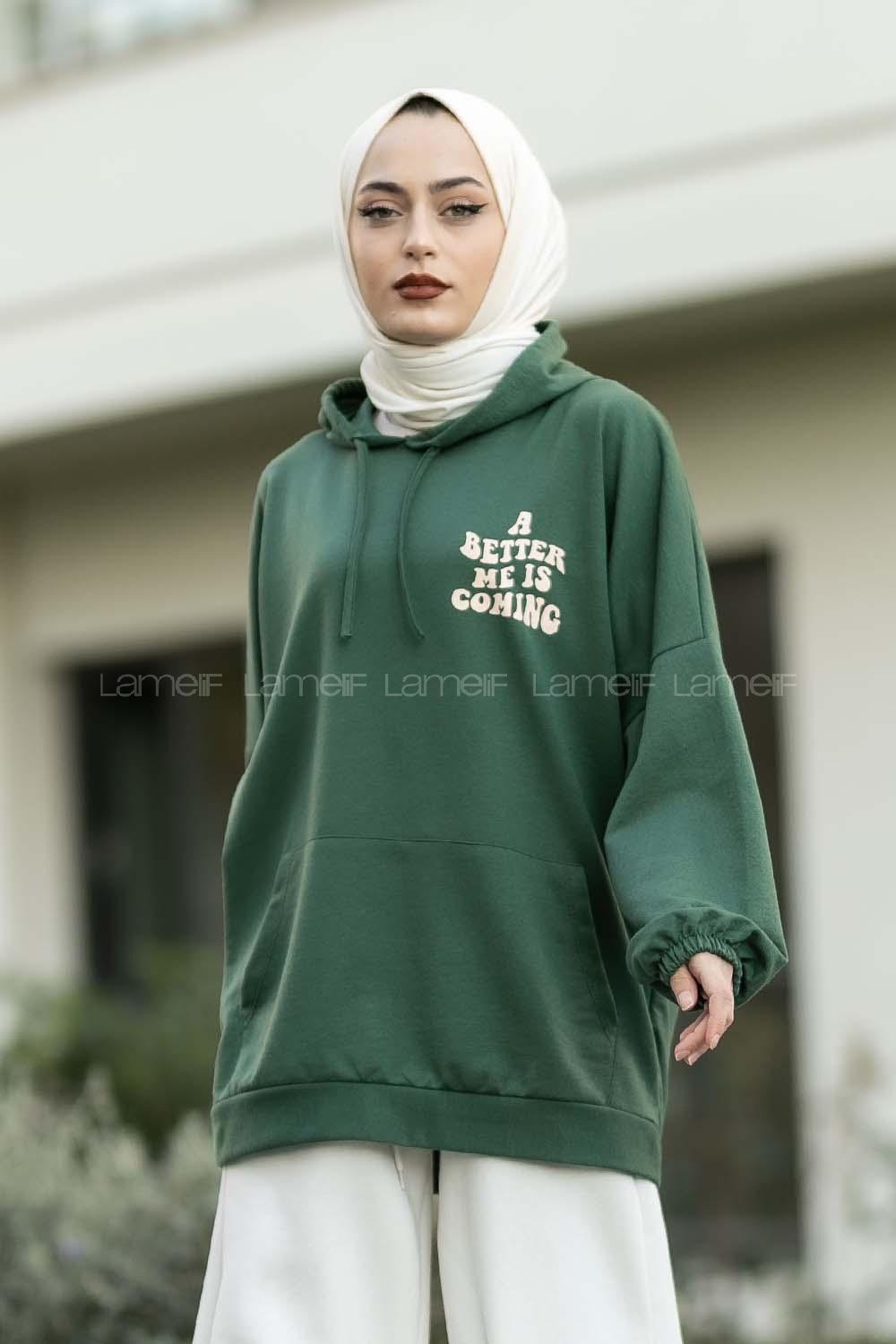 Modalamelif Kapüşonlu Baskılı Sweat Haki