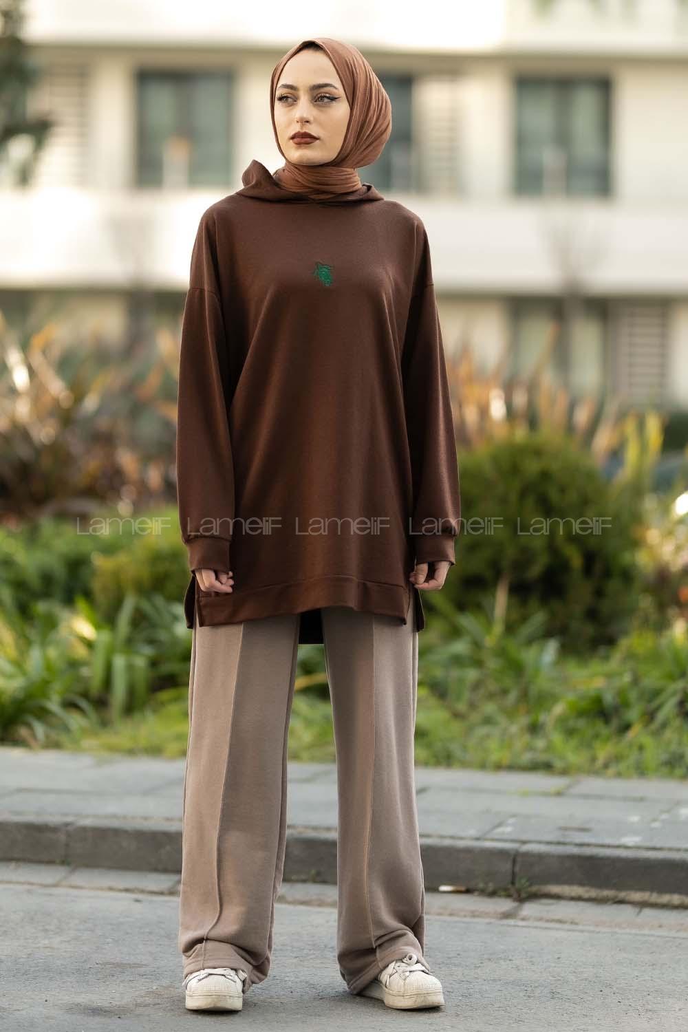 Modalamelif Kapüşonlu Kaplumbağa Nakışlı Sweat Acıkahve