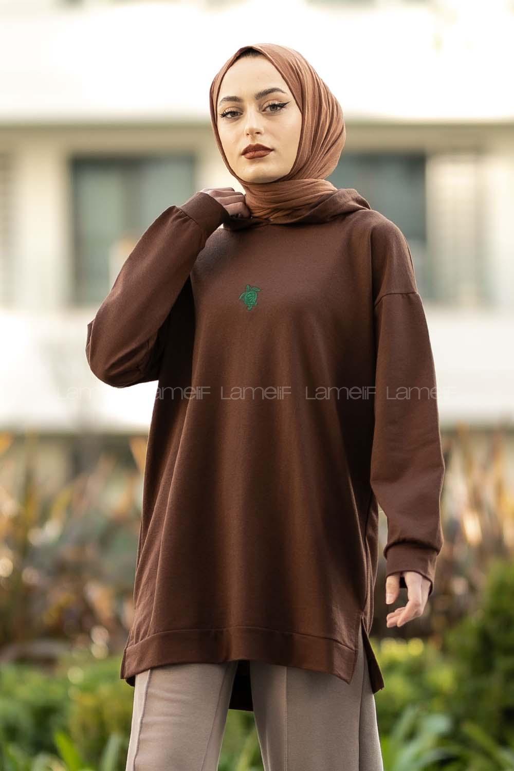 Modalamelif Kapüşonlu Kaplumbağa Nakışlı Sweat Acıkahve