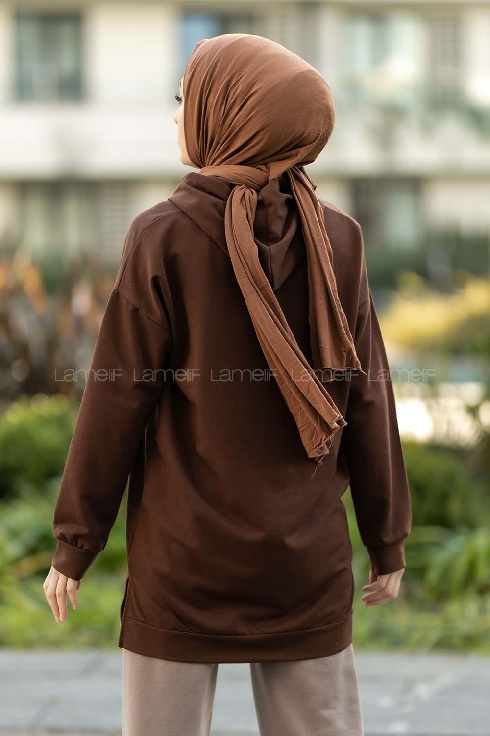 Modalamelif Kapüşonlu Kaplumbağa Nakışlı Sweat Acıkahve