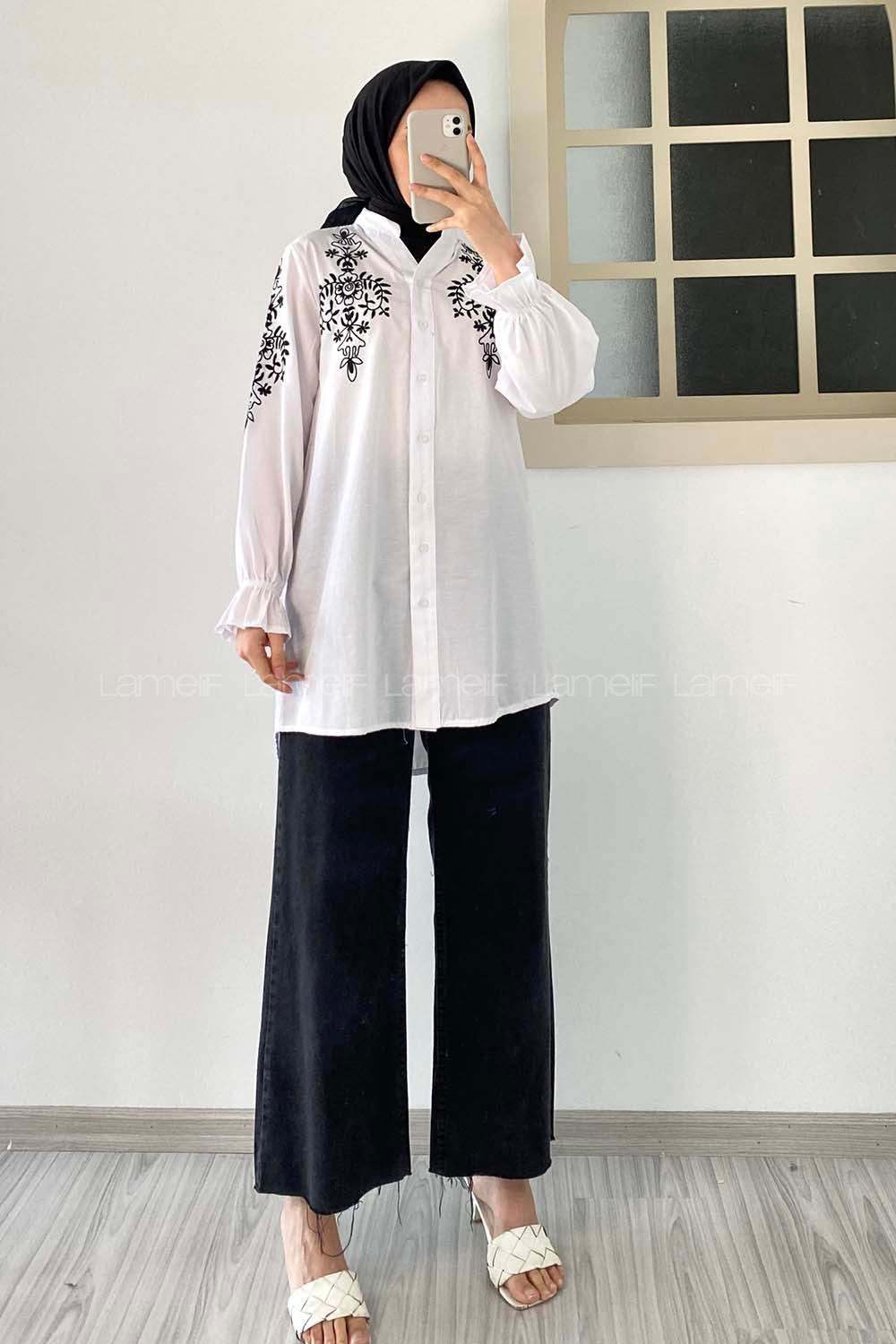 Modalamelif Kol Lastikli Nakış İşlemeli Tunik Beyaz